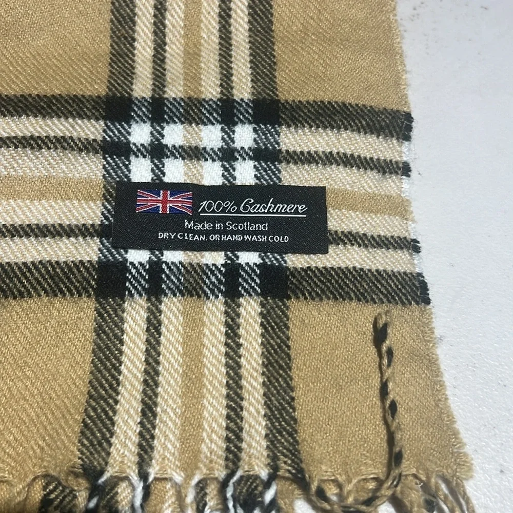 Burberry Tan Plaid Cashmere Scarf 12x64